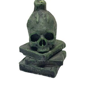 Handmade Green Skull Candle on Books Unlit Halloween